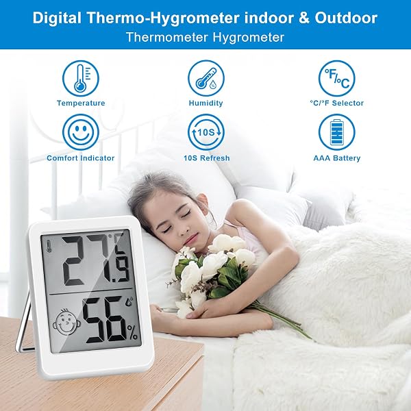 HORJOR Mini Termometro LCD Igrometro Professionale Digitale con Livello di Comfort Misuratore umidità per Ambiente per Interni Casa Ufficio Serra Cantina, Bianco - 4