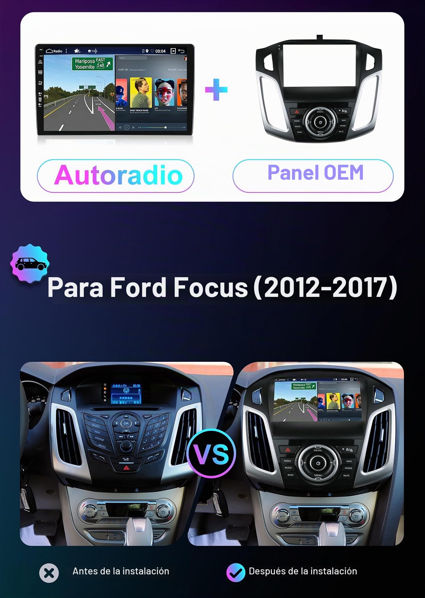 Android 16 [6GB+128GB] 2 DIN Autoradio para Ford Focus 2011-2019-[Integrado CarPlay/Android Auto/DSP/GPS]-IPS 9”Touch Screen-Cámara+Mic-Dab/Control del Volante/Bluetooth 5.0/360 Cámara