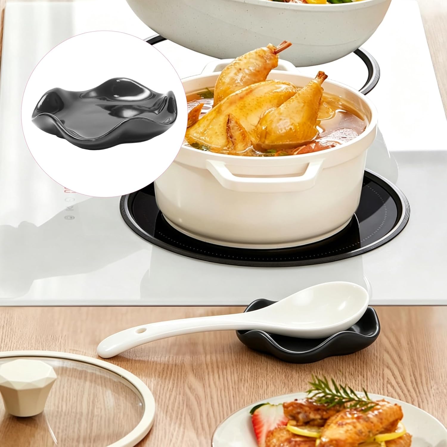 1 Pack 13cm/5.12inch Black Checkered Spoon Rest, Ceramic Utensil Rest Spoon Holder, Cooking Gadget Spoon Rests Sauce Dish for Kitchen Counter/Housewarming image 5
