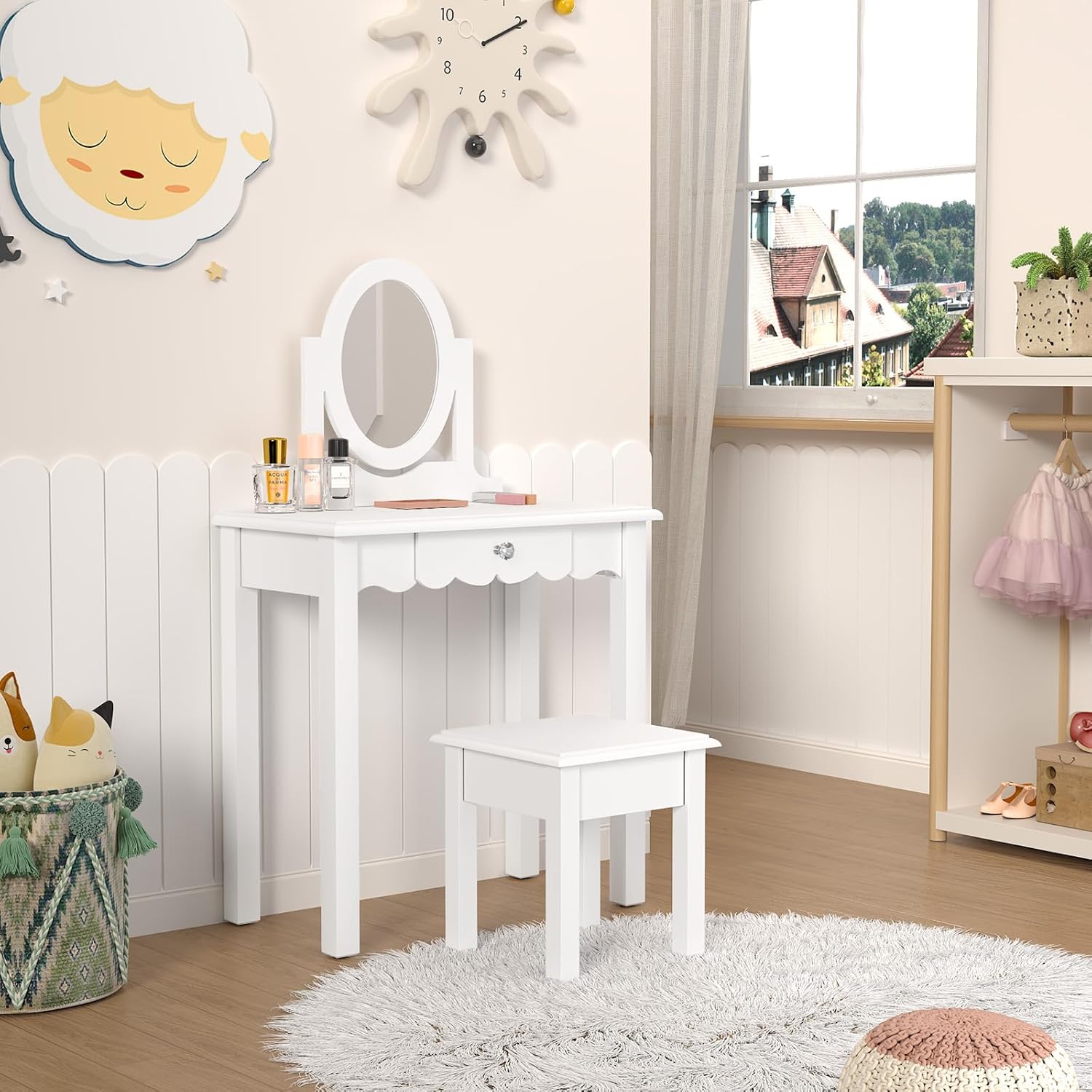 HLR Kids Vanity, Girls Vanity Set with Mirror and Stool, Wooden 2 in 1 Princess Makeup Desk Dressing Table with Detachable Top, Toddler Vanity Dresser Set with Drawer for Little Girls, White