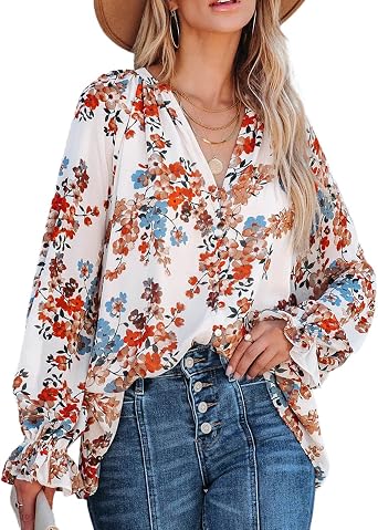 Womens Blouses Spring Fashion Casual V Neck Long Sleeve Blouses Tops Floral Printed Flowy Tunics Tops for Women White S