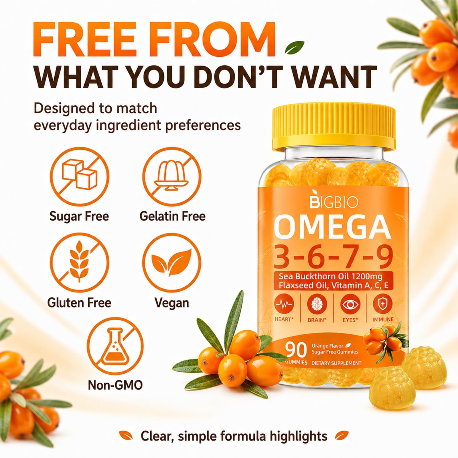 Omega 3-6-7-9 Gummies, Organic Sea Buckthorn Oil 1200MG & Flaxseed Oil 500MG, Vegan Omega 7 Supplement w/Vitamin A, C, E, Fatty Acids, No Fish Taste, Supports Skin, Eye, Immune, Brain Health, 90 Cts — Amazon image 8