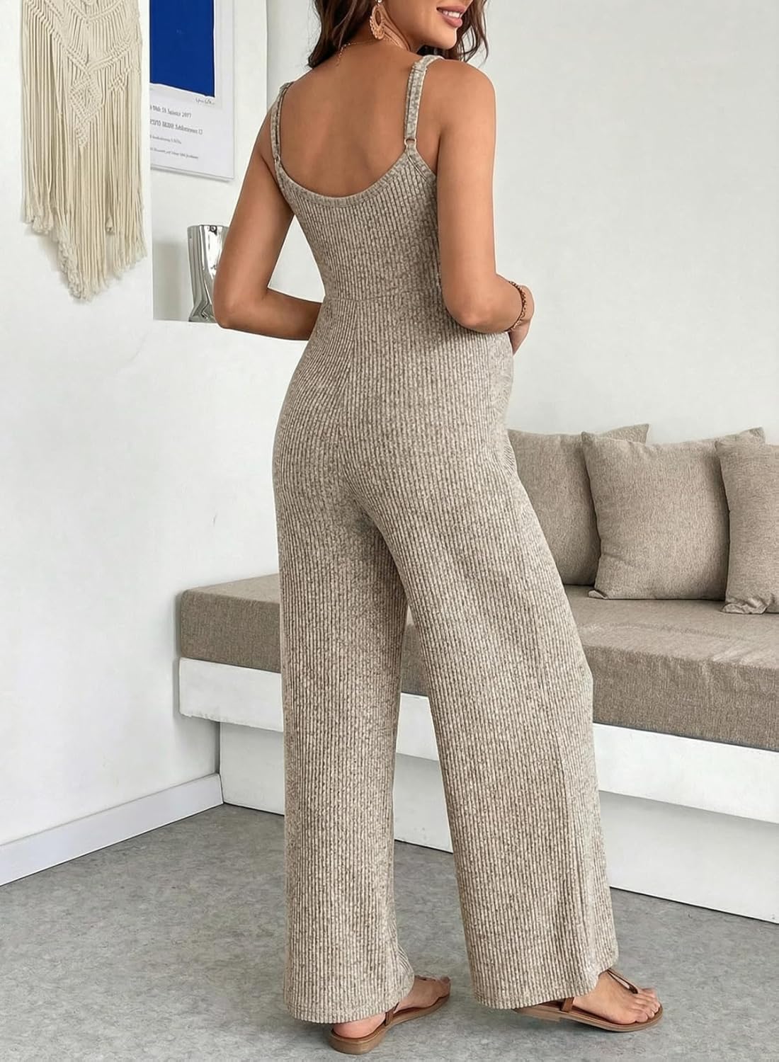 BLENCOT Maternity Ribbed Jumpsuit Sleeveless Square Neck Wide Leg Stretchy One Piece Romper