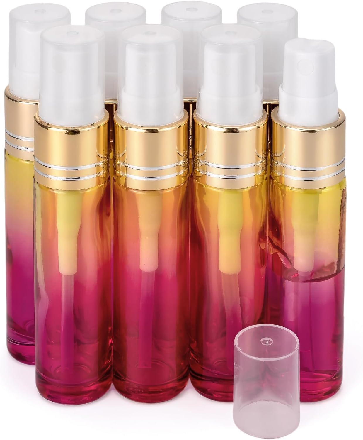 UnxueyUnxuey 8pcs Gradient Rainbow Color Travel Perfume Bottles 10ml (0.3 Oz) Glass Mist Spray Golden Fine Sprayers Bottles Cosmetic Essential Oils Vials Perfume Make Up Sample Bottle