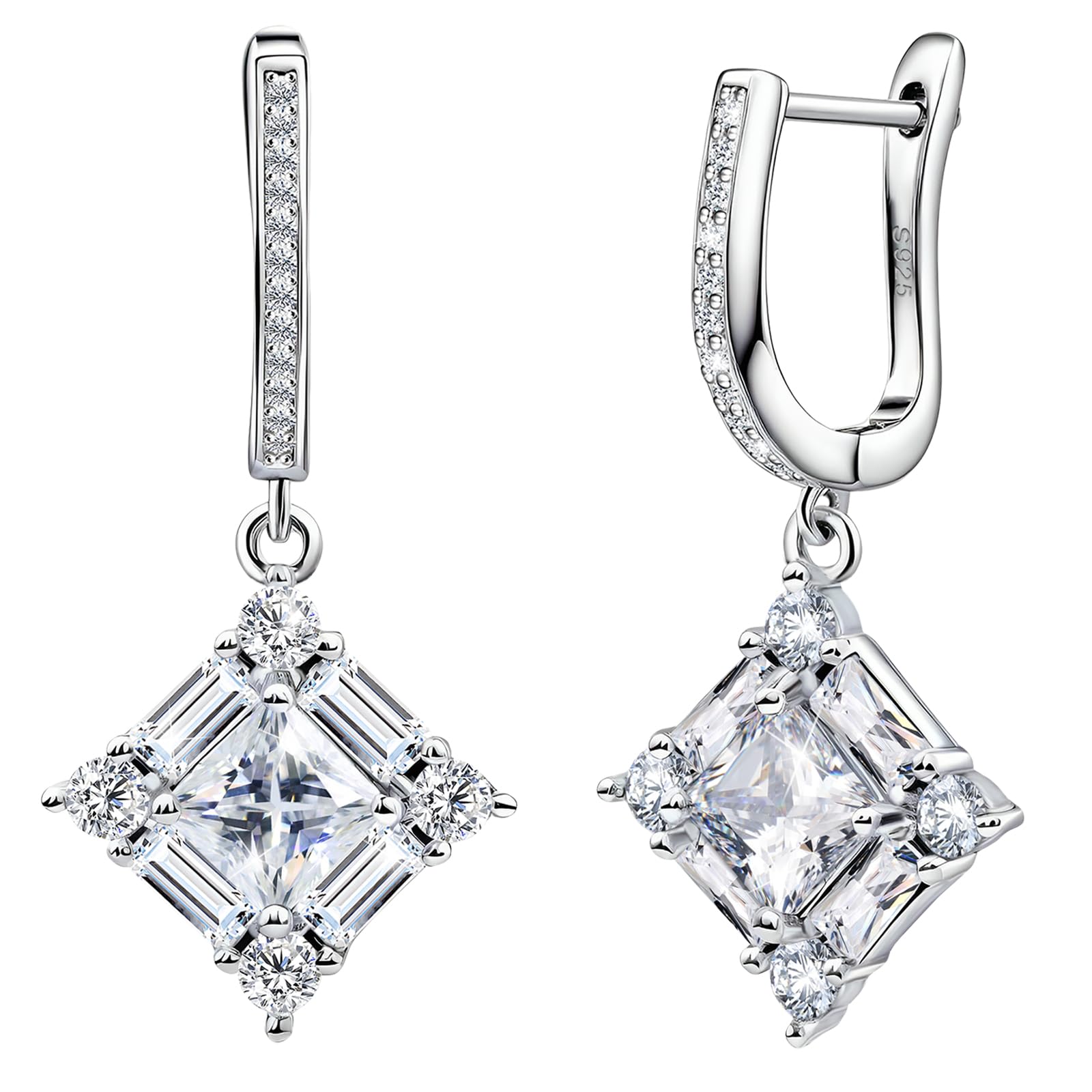 Dangle Hoop Earrings for Women Sterling Silver Cubic Zirconia Square Hoop Earrings with Cz Charm Sparkling Crystal Huggie Jewelry for Women Mother's