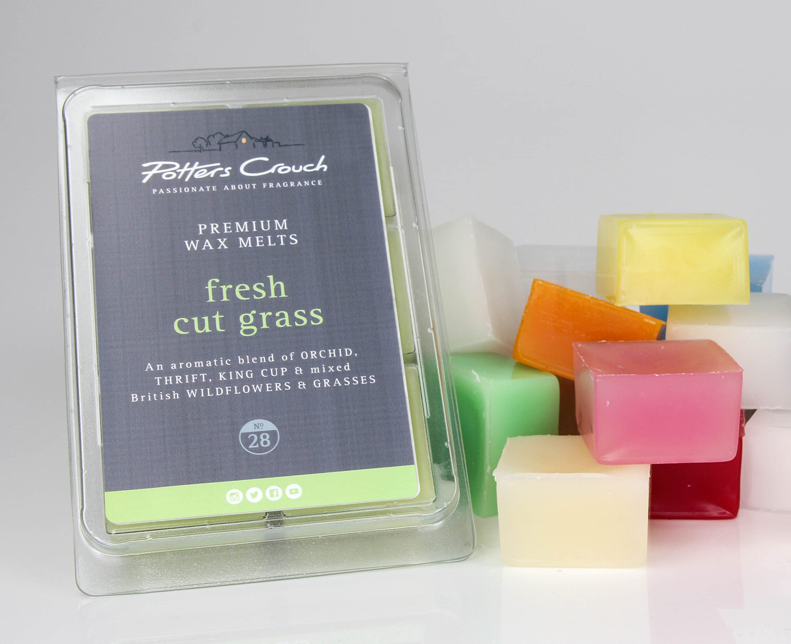 Potters Crouch Fresh Cut Grass No.28 Wax Melts - Vegan - Highly Scented Wax Cubes for Candle Electic Wax Warmer, Wax Melt Burners, 6 x 22g