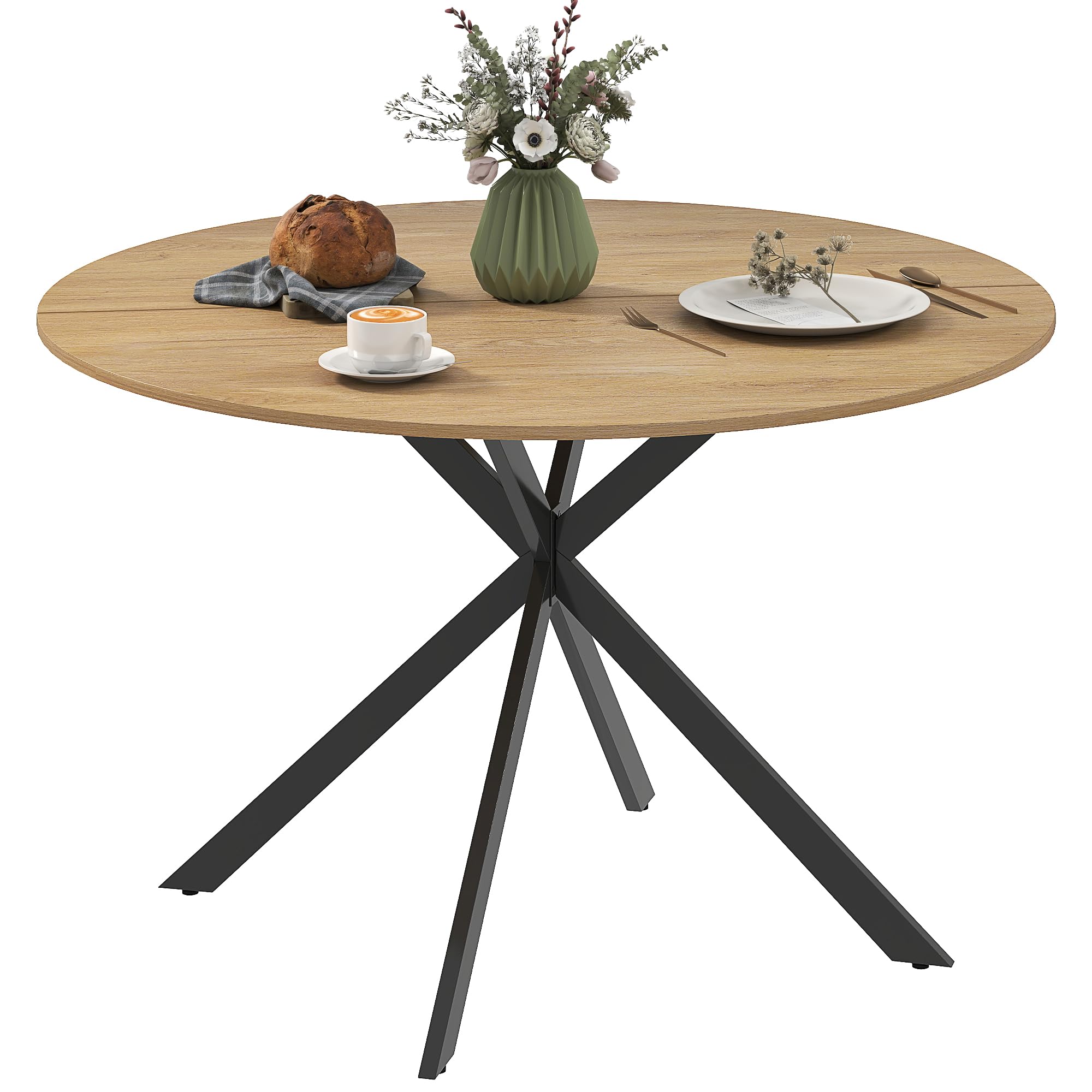 HOMCOM Table à Manger Ronde pour 4 Personnes Table de Cuisine 120 cm Style Industriel avec Plateau Aspect Bois et piètement croisé en Acier, chêne