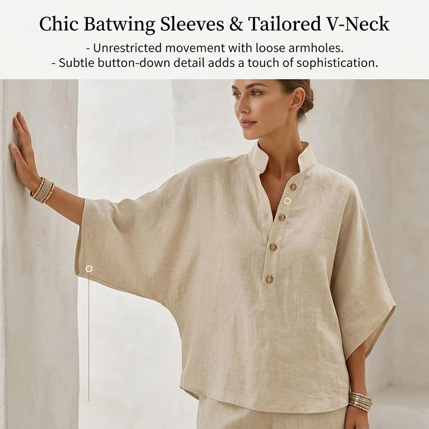 Women's Batwing Sleeve Linen Cotton Two Piece Set, 2026 Trendy Casual Shirt & Wide Leg Pants Outfit