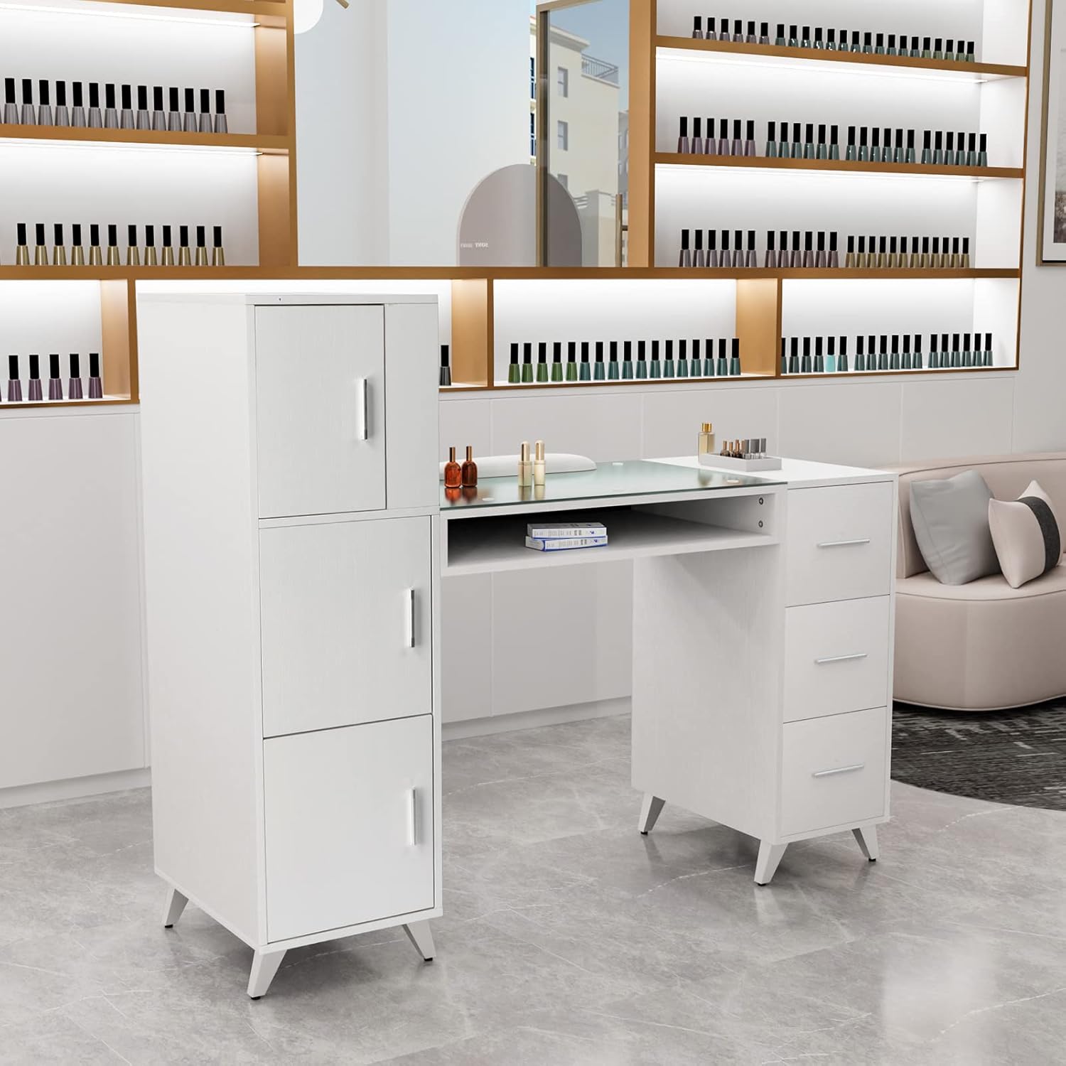 OmySalon Manicure Table Nail Desk for Nail Tech w/Glass Top & Wrist Rest, Beauty Salon Nail Supplies Decor Workstation Acetone Resistant w/3 Side Cabinet+3 Drawers+3 Layers Open Cabinet+1 Open Drawer