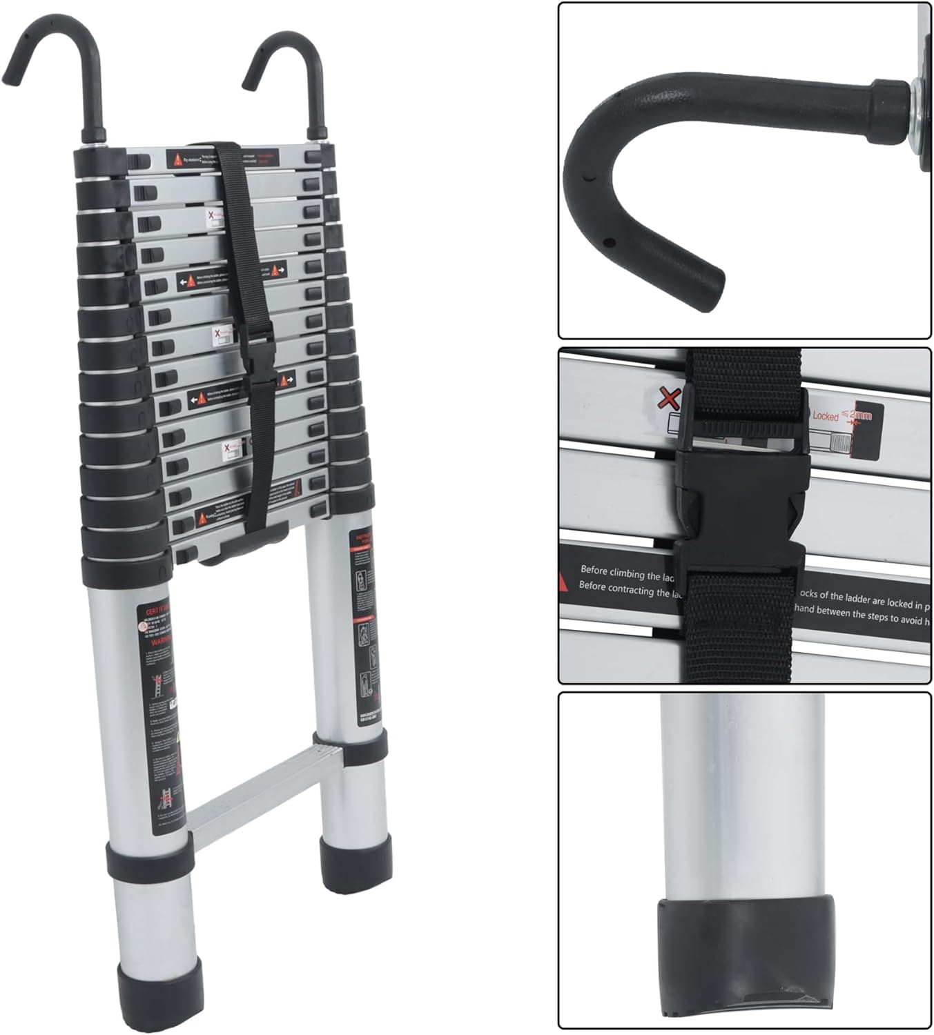 Telescoping Extension Ladder 14.5 FT, Folding Telescopic Aluminum Ladders with Hooks, Lightweight Collapsible Ladder Step for RV Roof Attic Home, 330 LB Capacity