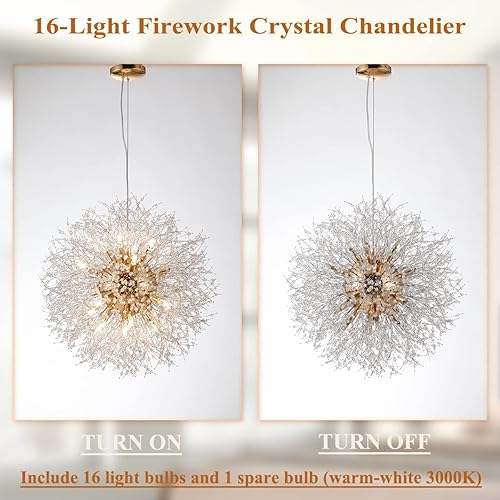 Miniatura 5 de Candelabros de cristal de diente de león, lámparas colgantes de fuegos artificiales de 16 luces en oro, 80 W modernas luces colgantes de cristal