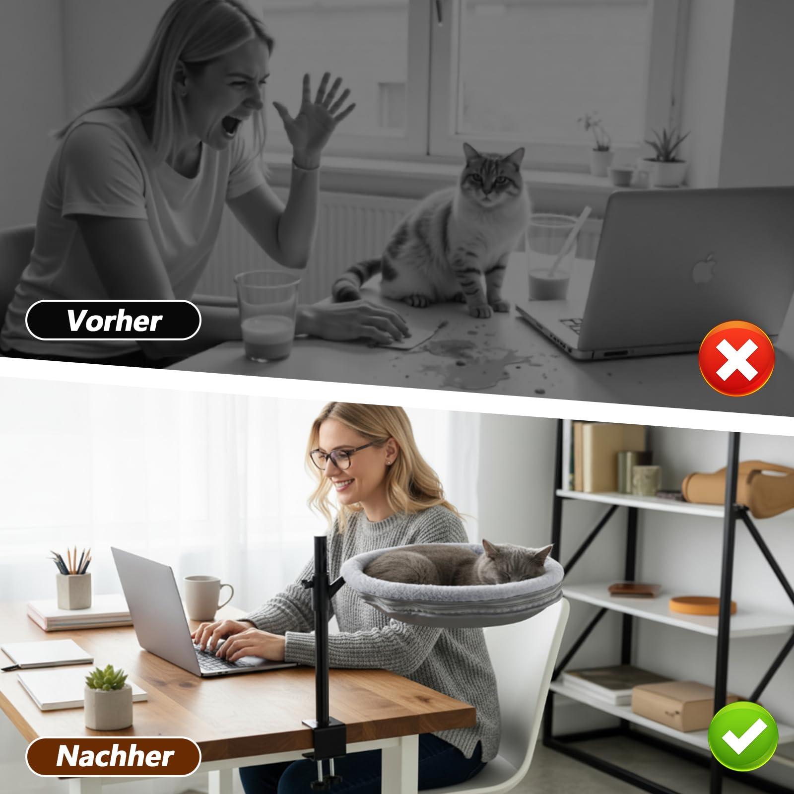 Katzenbett Schreibtisch, 360° drehbar & Höhenverstellbar, Max 33lb | Katzenkorb Schreibtisch mit 2 waschbaren Bezügen, Katzen Hängematte für Home, Office, Büroschreibtische, Spieltische-Grau