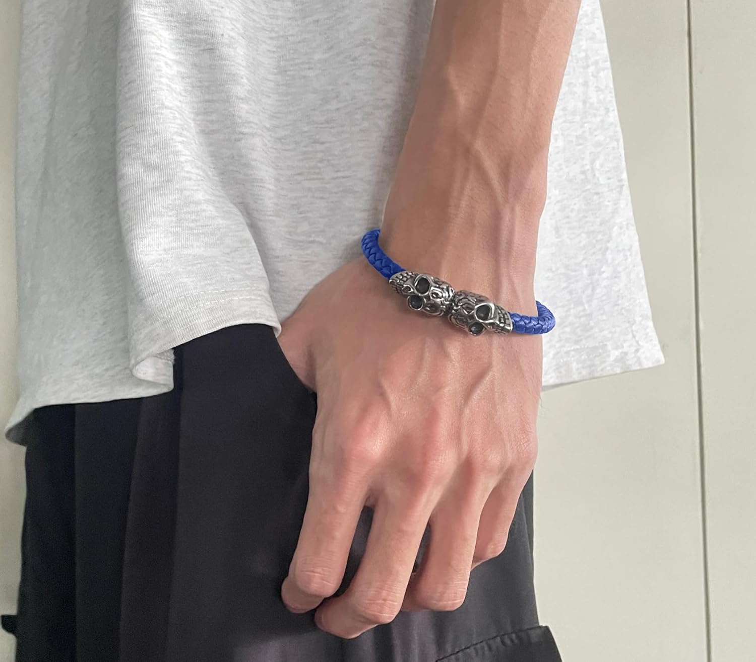 Skull Bracelet,Stainless Steel Braided Leather Wristband, Punk Gothic Jewelry, Gift for Husband Son Boyfriend