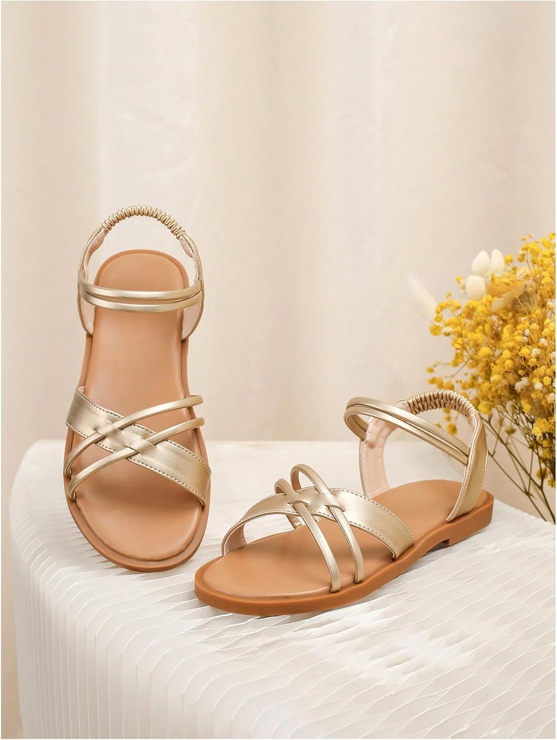 GORGLITTER Girl's Gold Sandals Dress Strappy Open Toe Ankle Strap Flat Sandals Cute Summer Slides