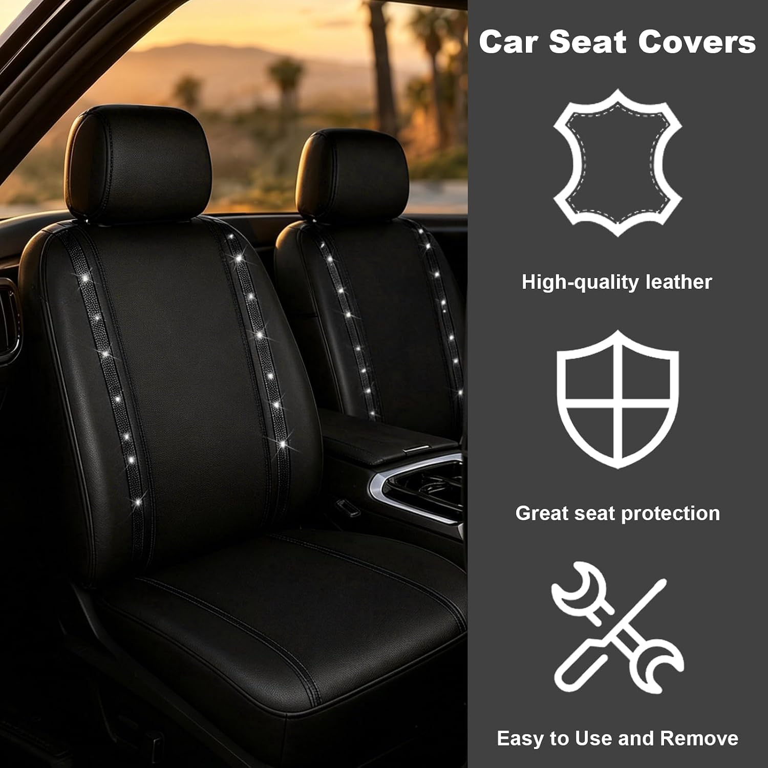 9 PCS Bling Diamond Car Seat Covers Full Set, Shining Rhinestone Front & Rear Split Bench Vehicle Seat Protectors, Waterproof Glitter Striped 5-Seats Protector for Car Truck SUV (Black) image 3