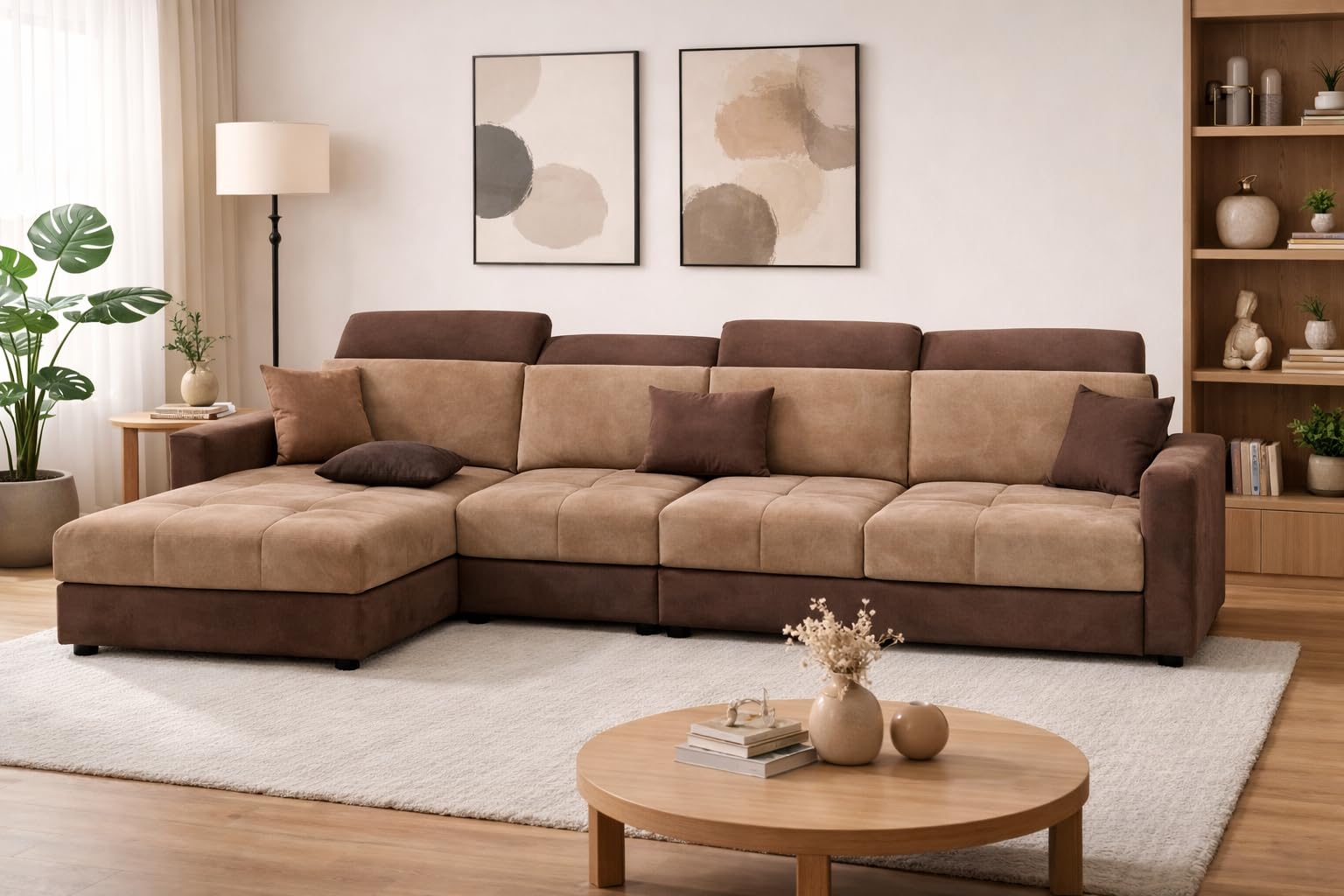 Avion-Omega Furniture Velvet Suede Fabric 5 Seater LHS L Shape Sofa Set |Brown&Light Brown|5 Seater Sofa Set for Living Room Hall & Housewarming Gift-image-47