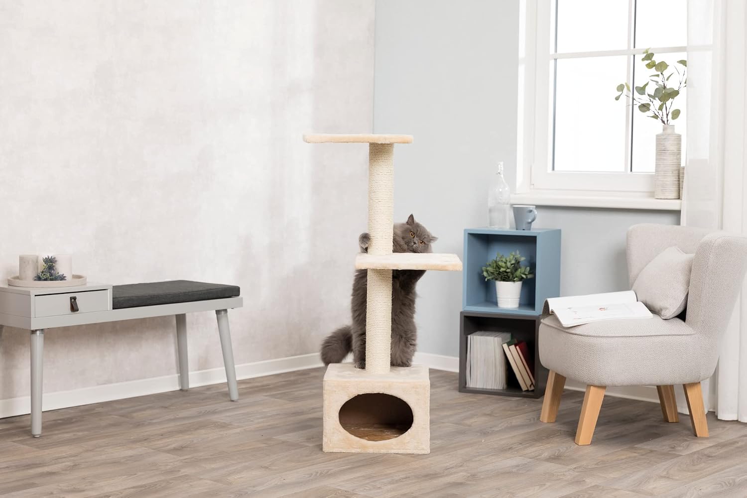 TRIXIE Badalona Beige Cat Tower with Scratching Posts, Condo, Two Platforms