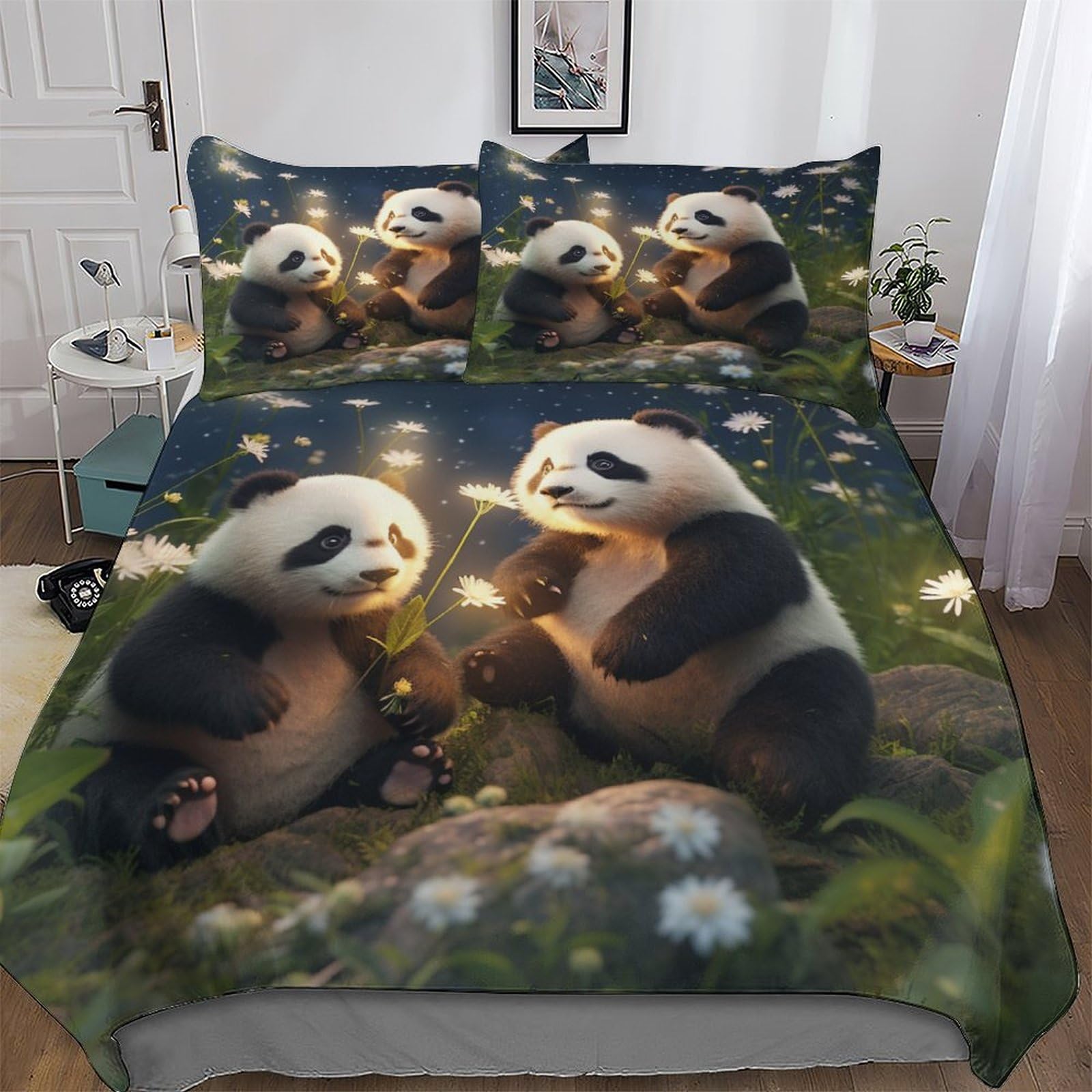 Parure de lit panda housse couette 220x240cm fini le linge rêche et froissé