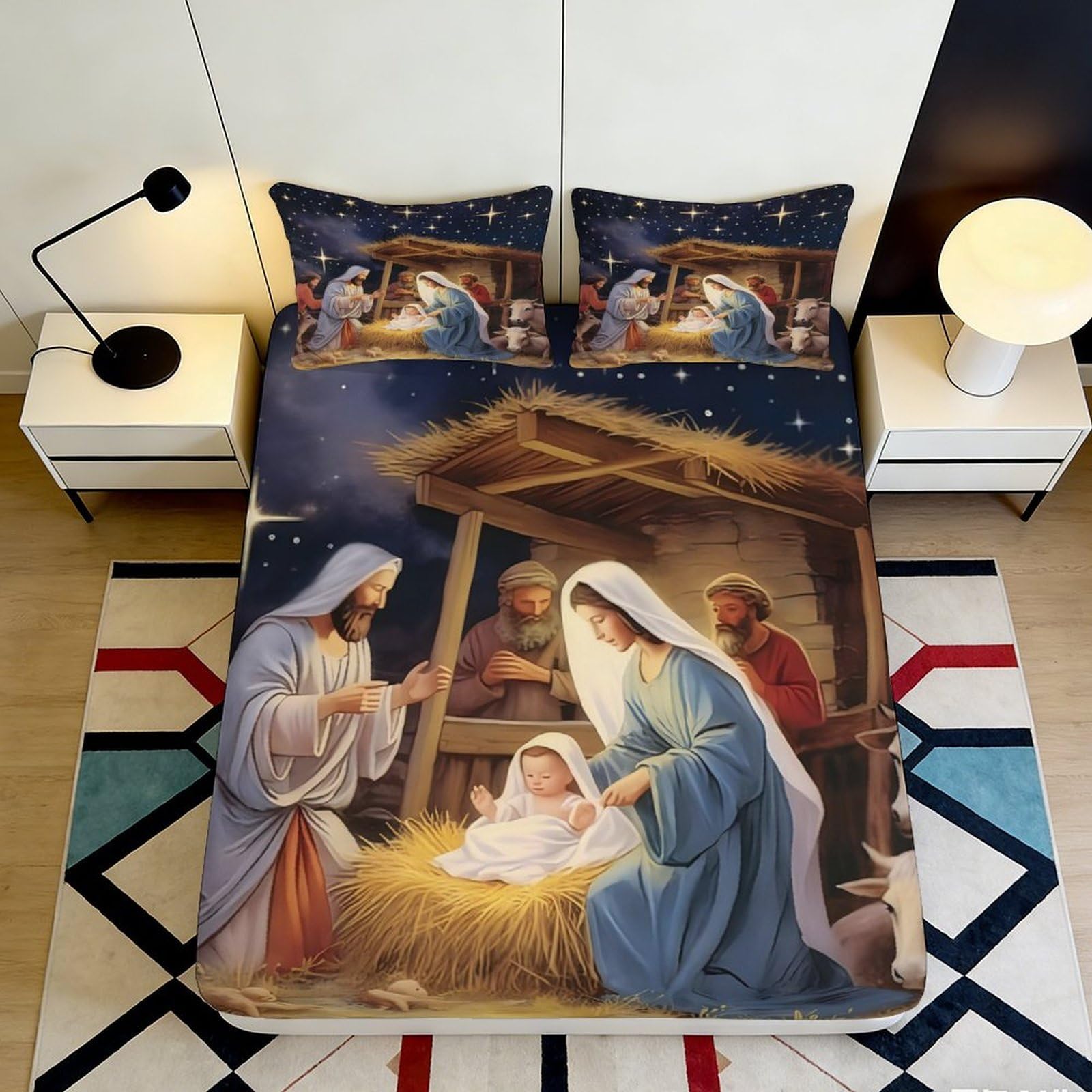 3D Printed Nativity Scene Fitted Sheet Microfiber Soft Christmas Stable Bed Cover for Bedroom Guest Room Decor 90x200x25cm