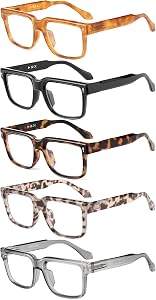 JM 5 Pack Reading Glasses Women, Square Computer Readers Spring Hinges | Stylish Blue Light Blocking Eyegalsses, Anti Blue Light, Men
