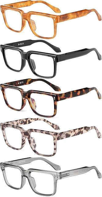 JM 5 Pack Reading Glasses Women, Square Computer Readers Spring Hinges | Stylish Blue Light Blocking Eyegalsses, Anti Blue Light, Men