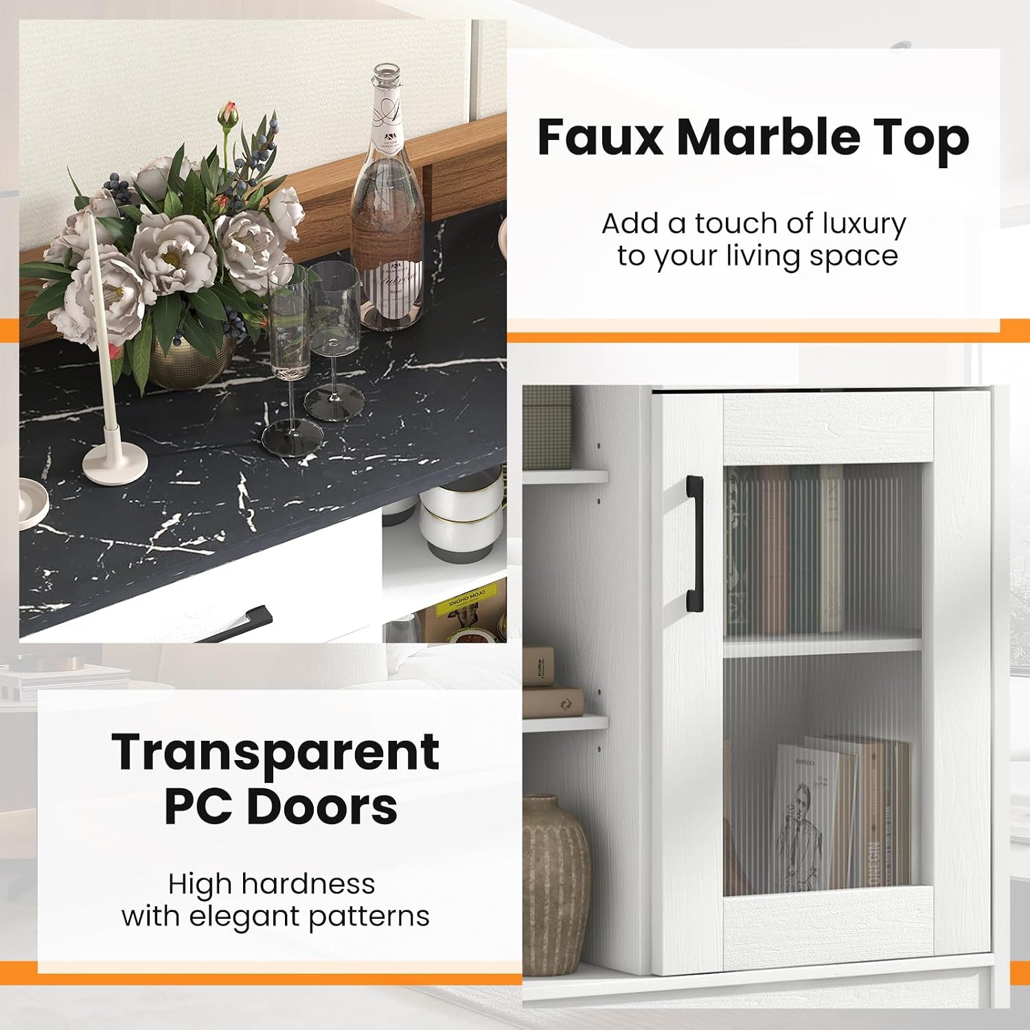 Giantex Sideboard Buffet Cabinet with 2 Drawers, Kitchen Storage Cabinet w/2 Doors, Open Compartments, Shelves, Faux Marble Top, Modern Furniture for Living Room, Coffee Bar, Entryway (White)