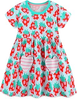 Bumeex Toddler Girls Summer Dress Clothes Cotton Casual Cartoon Print Short Sleeve Dresses Girls Sundress 1-7 Years