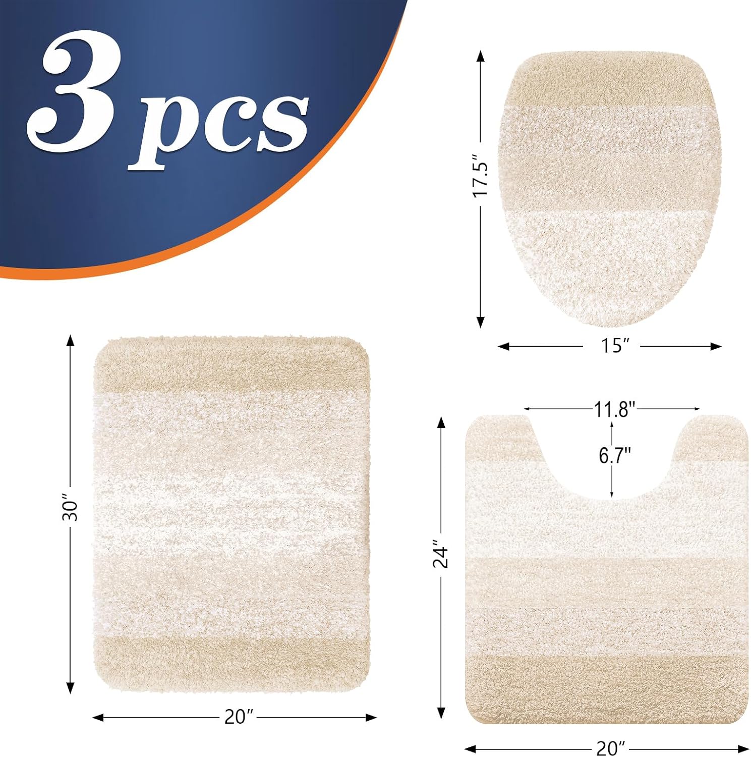 olanly bathroom rugs sets 3 piece, soft microfiber absorbent bath mat, u-shaped contour toilet mat and toilet lid cover, quick dry, machine washable, toilet cover and rug set for bathroom, light beige 30" x 20" + u24" x 20" + 17.5" x 15" light beige