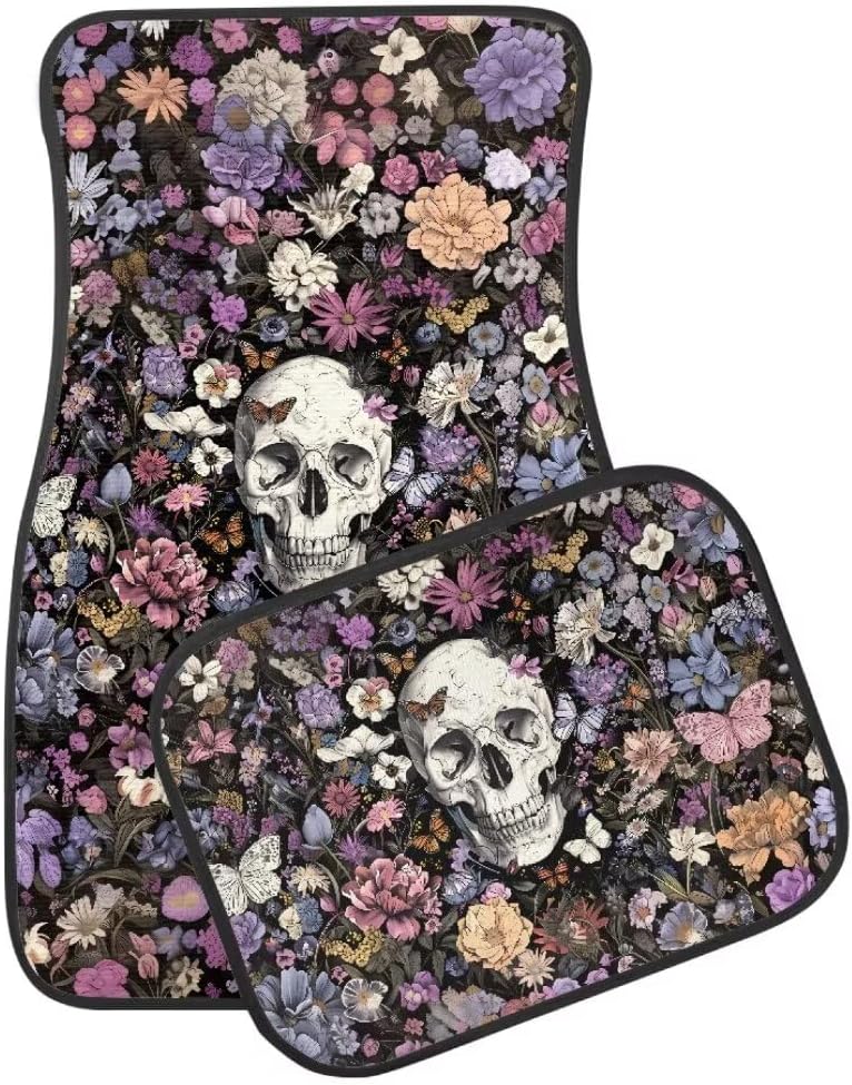 Cool Skeleton Print Skull Car Floor Mats Suitable for Cars SUVs Trucks,Front & Rear Automotive Floor Mats,4 Pieces