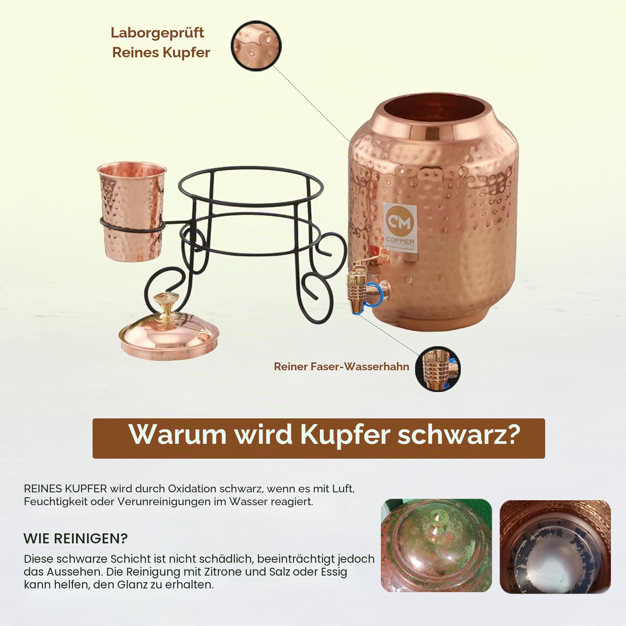 Copper-Master 5 Liter Wasserspender aus gehämmertem Kupfer (Matka/Pot) Behälter Topf mit 1 Kupferglas und Ständer aus reinem Kupfer und ayurvedischen gesundheitlichen Vorteilen (5000 ml)