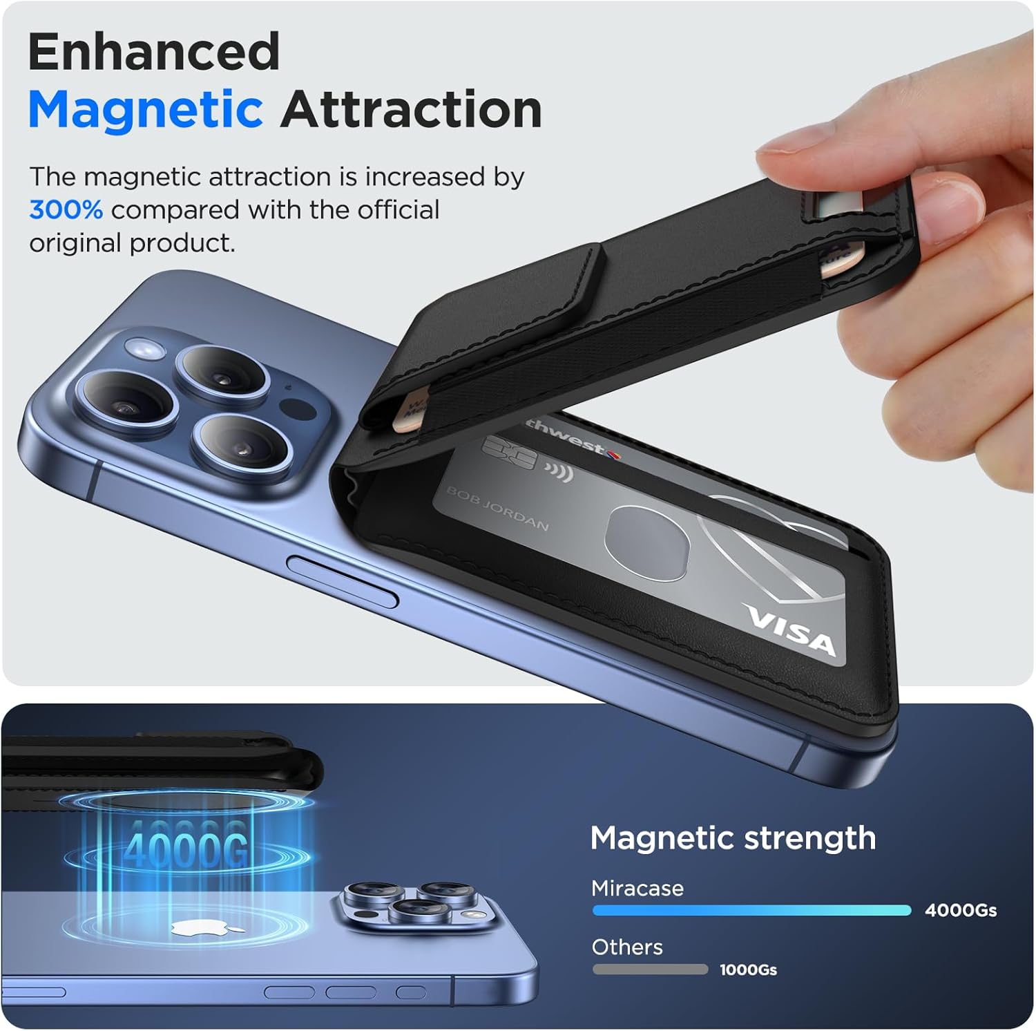Miracase Magnetic Stand Wallet attaching to an iPhone, illustrating enhanced magnetic attraction