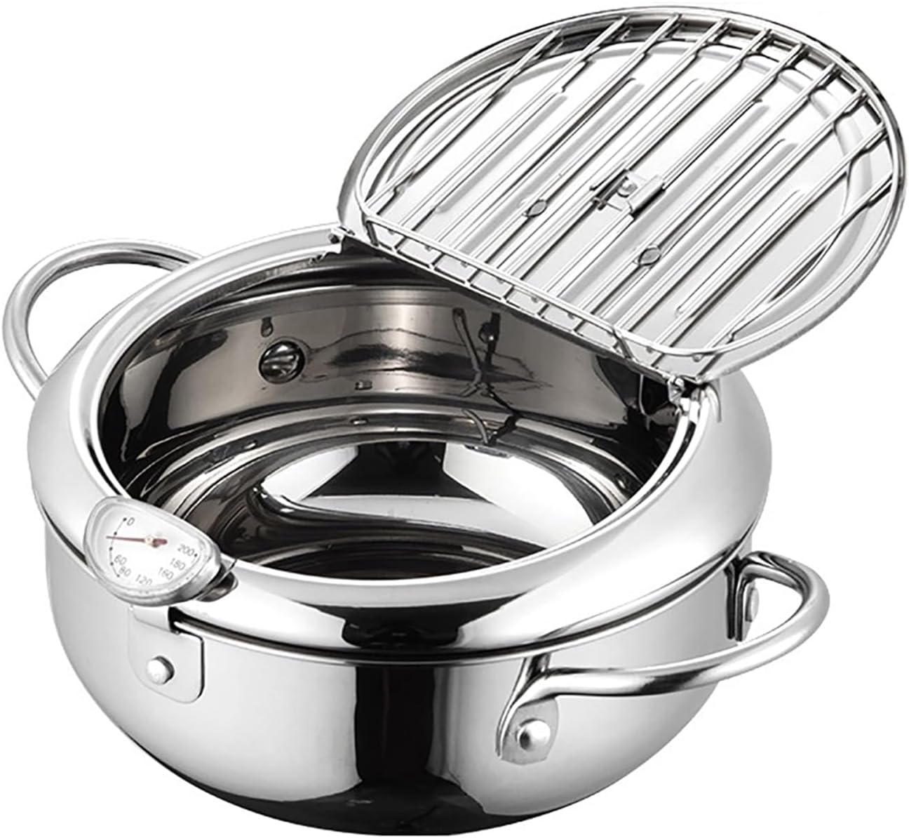Stainless Steel Deep Fryer Pot with Thermometer 304 Tempura Frying Pan, Flat Bottom Stove Top Japanese Style Cookware with Lid, 20cm for Home Kitchen