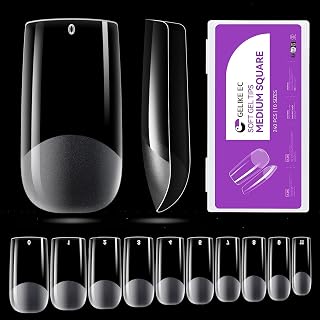 Gelike EC Soft Gel Nail Tips Kit for Soak Off Nail Extensions,Full Cover,Square Shaped,Pre-Buff PMMA Resin,Clear Ultra-Thin Design,10 Sizes,240 Pieces,Medium Square