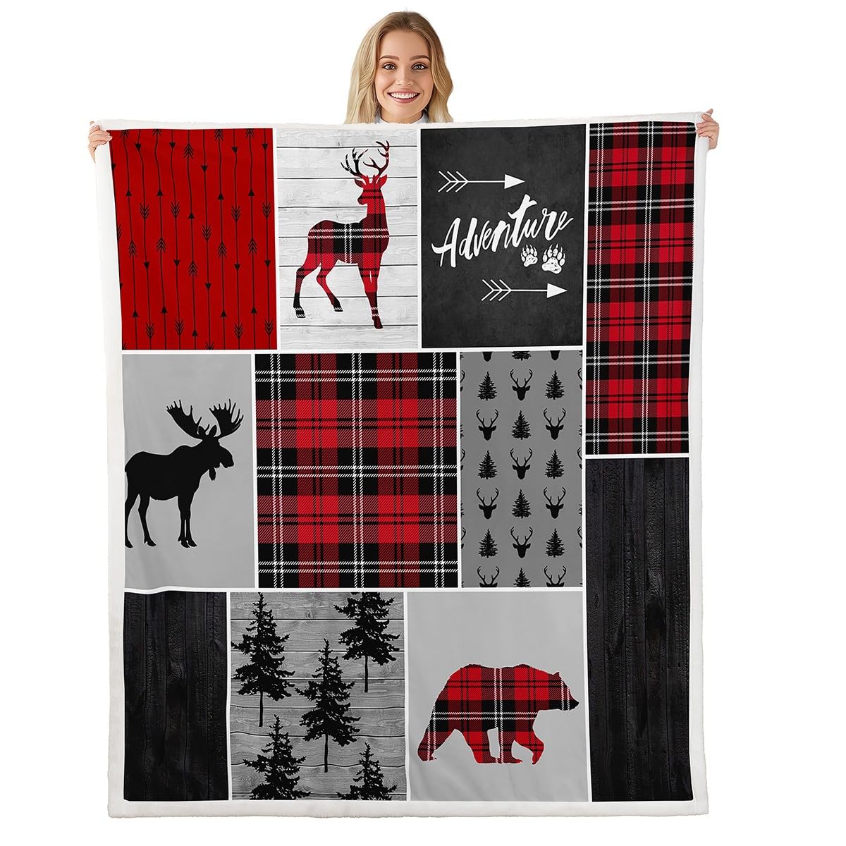 Deer Antlers Bear Kids Throw Blanket,Plaids Boho Arrows Patchwork Bed Blanket for Boys Girls Adults,Rustic Adventure Xmas Fleece Blanket,Red Retro