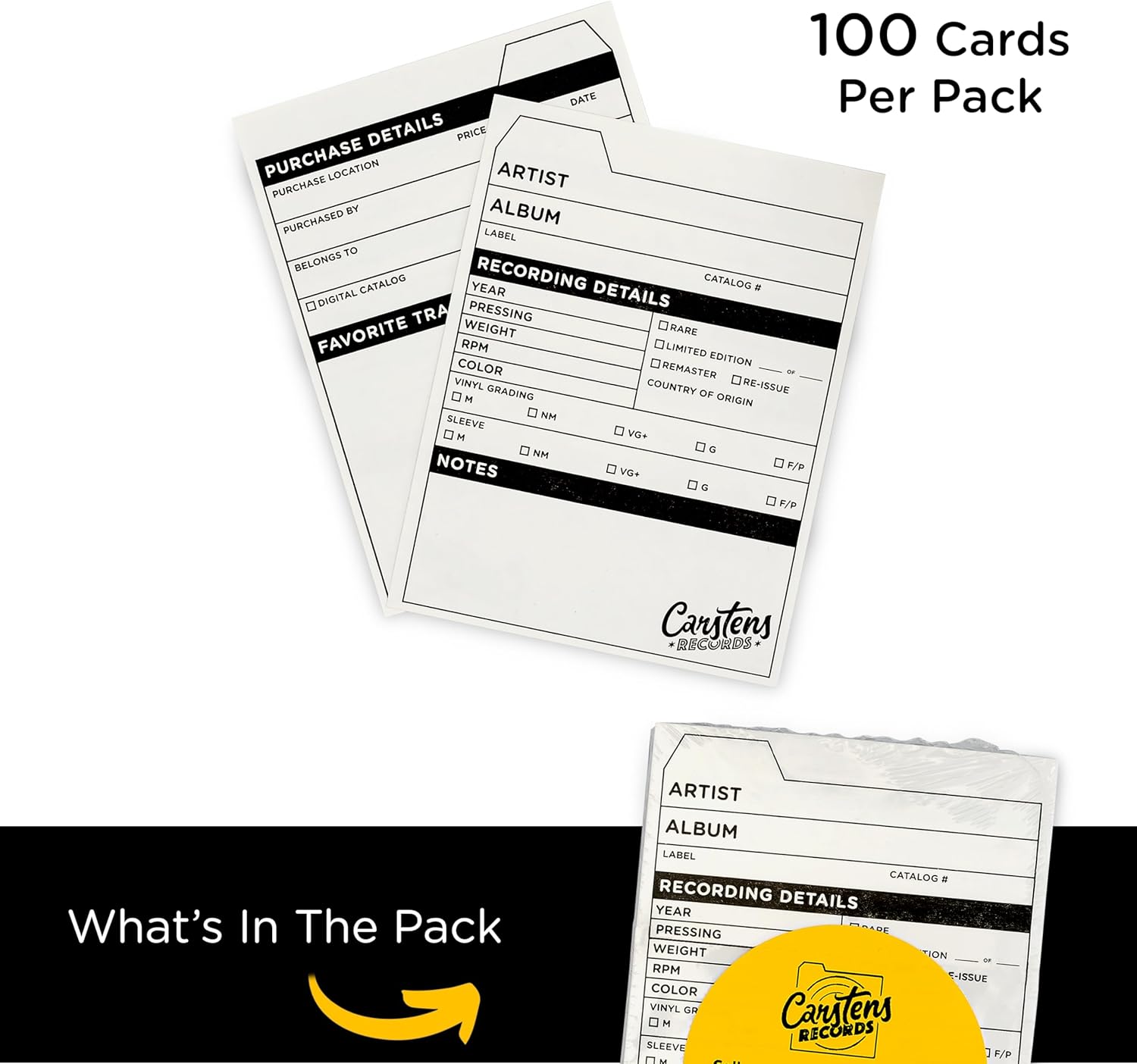 Carstens Records Vinyl Record Catalog Cards – 4 x 5.25 Inches, White, Pack of 100 – Printed Collector Cards, Double-Sided – Vinyl Record Accessories for Collectors