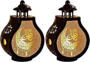 2 Pcs Ramadan Mini Black Candle Lantern Decorative Hanging Eid Mubarak Lantern Moon Star Decorations for Home Indoor Outdoor Ramadan Table Decor