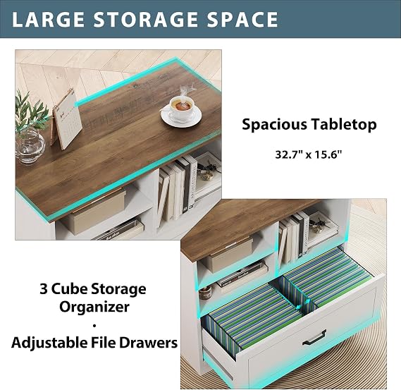 LVB Wood Lateral File Cabinet with Drawer, Wide Filing Cabinet for Letter/Legal/A4/F4 Size, Farmhouse Office Storage File Cabinets Printer Stand with Open Shelf in Home, White and Rustic Oak, 83 cm