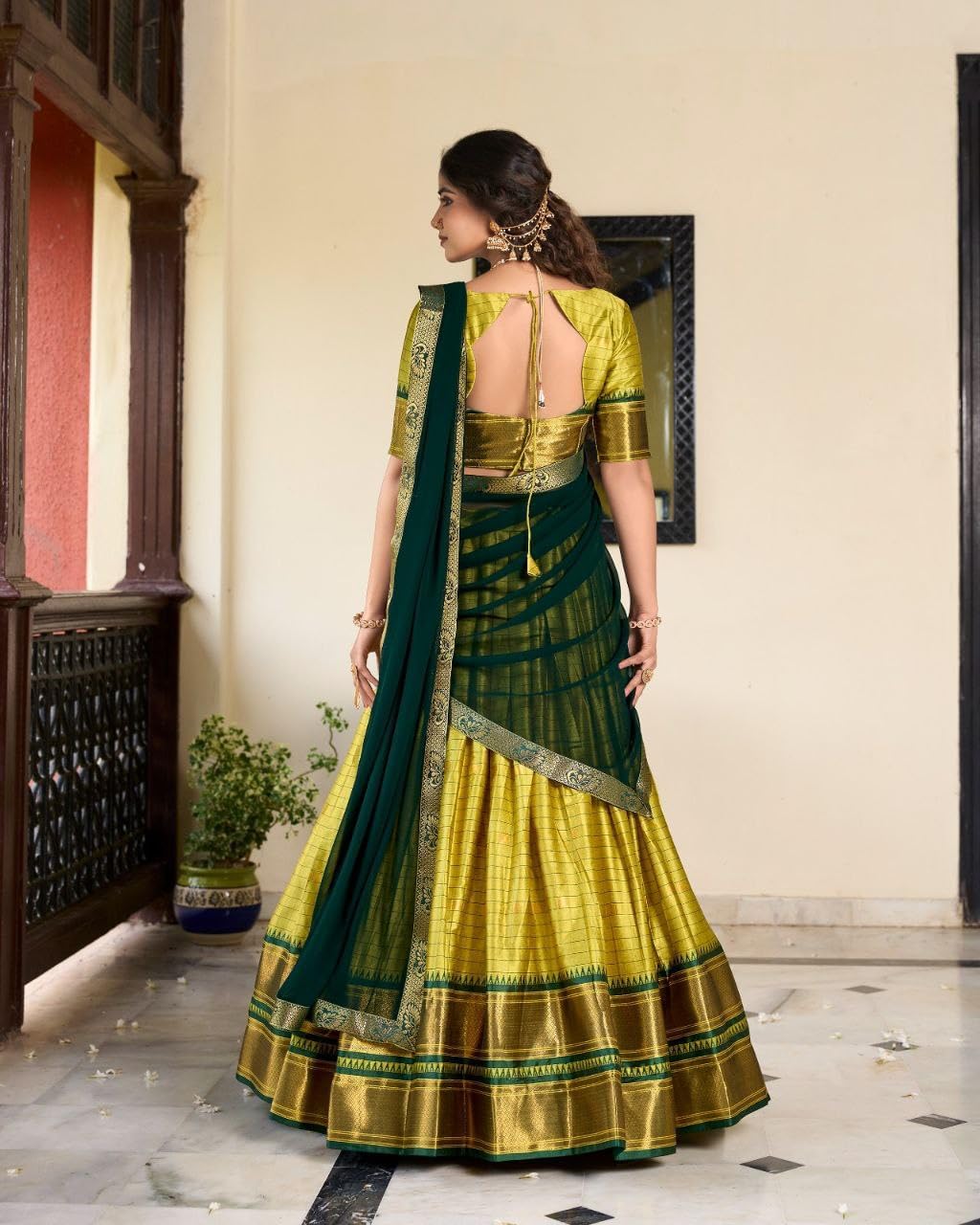 Women's Yellow Silk Blend Lehenga Choli Set, Yellow and Green, Traditional Indian Ethnic Wear with Dupatta