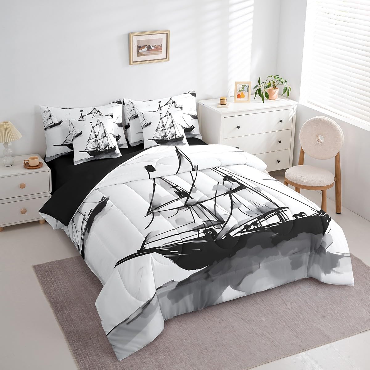 Erosebridal 7Pcs Sailboat Comforter Set Queen Size,Retro Ink Wash Painting Bedding Set,Navigation Ship Bed in A Bag,Nautical Ocean Sheet Set with Comforter