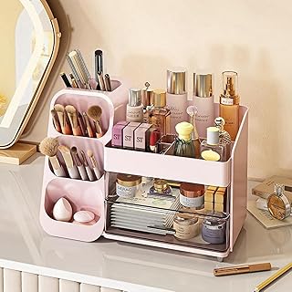 منظم مكياج مع أدراج لسطح الطاولة بسعة كبيرة لطاولة الزينة والحمام وغرفة النوم، منظم مستحضرات التجميل سهل التخزين للعناية بالبشرة والفرش وظلال العيون واللوشن واحمر الشفاه (وردي)