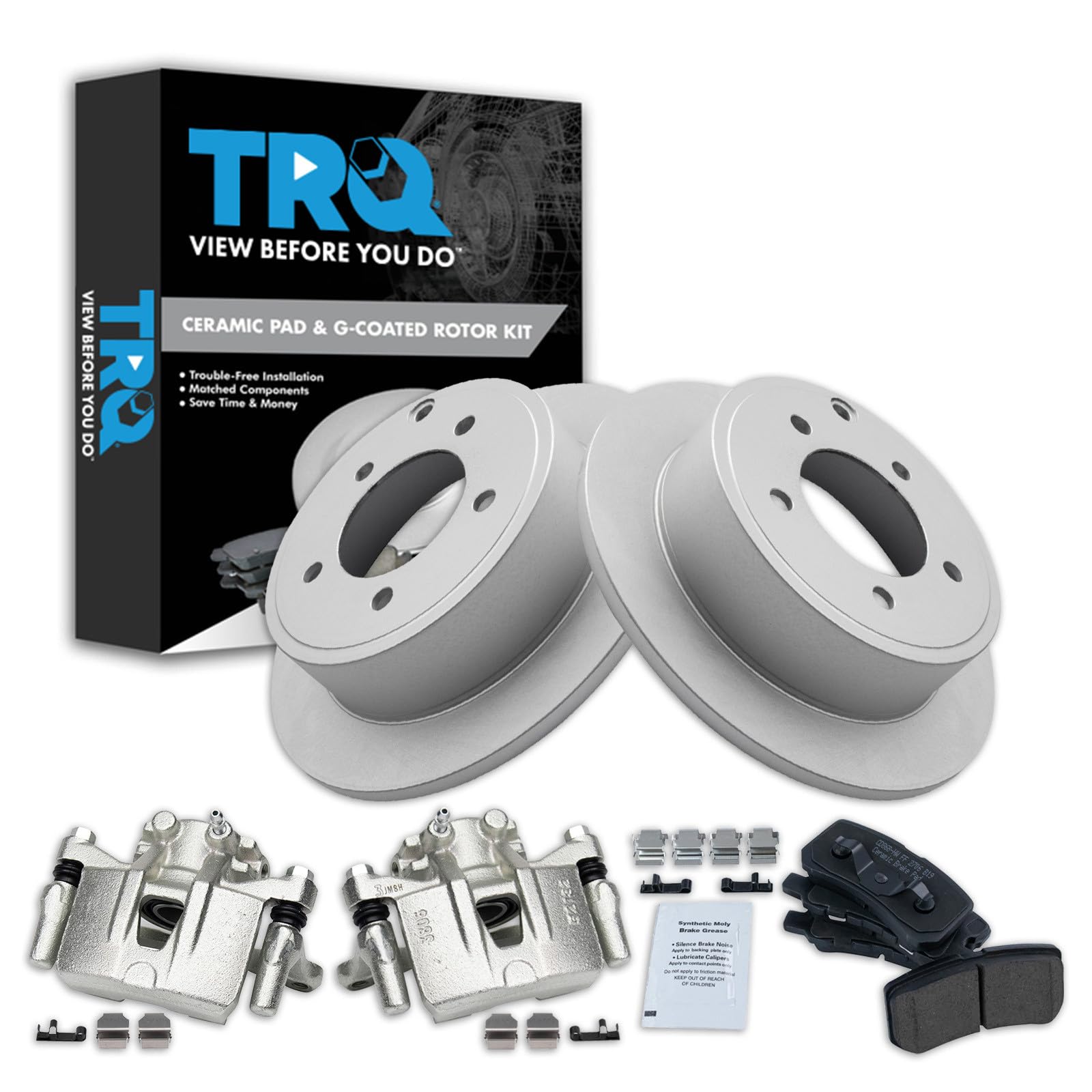 TRQ Rear Brake Pad and Rotor Set Ceramic G Coated Rotors Calipers