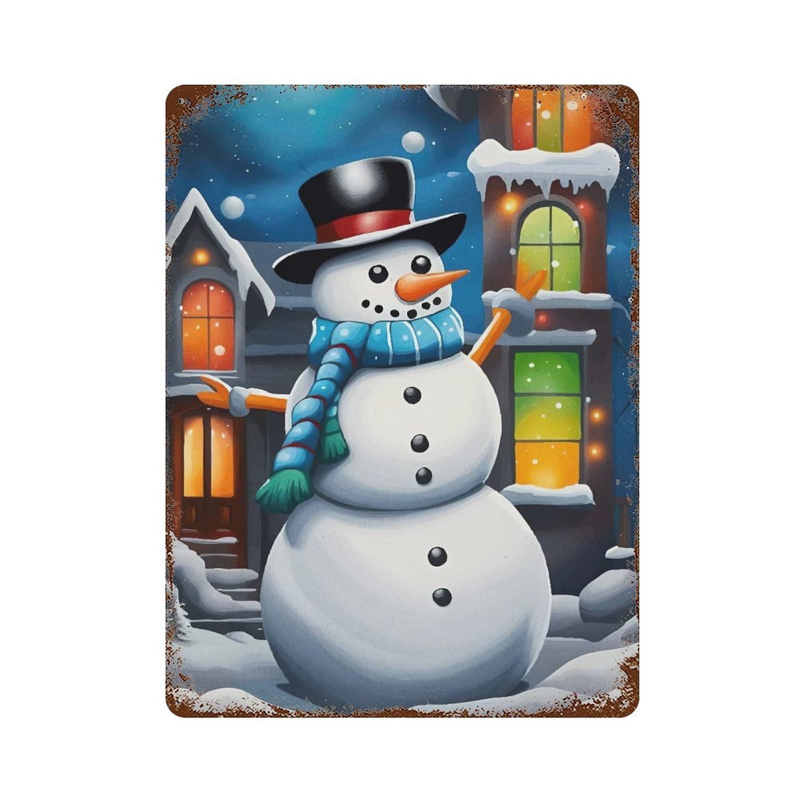 Rust Effect Festive Snowman Winter Rusty Metal Tin Sign 15.7"x11.8", Farmhouse Wall Decor for Shed, Workshop And Garage Wall Decor