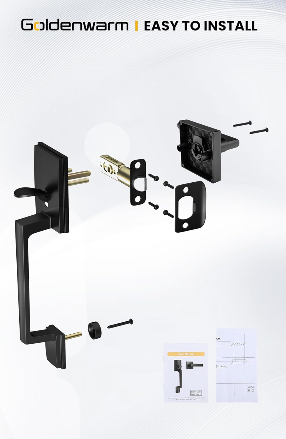 Goldenwarm Black Front Door Handle, Entry Door Handle and Reversible Handle Lever, Single Cylinder Front Door Lock Only, Matte Black Entry Way Handleset