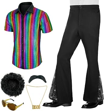 70s Outfits for Men Retro 6Pcs Disco Costume with Accessories