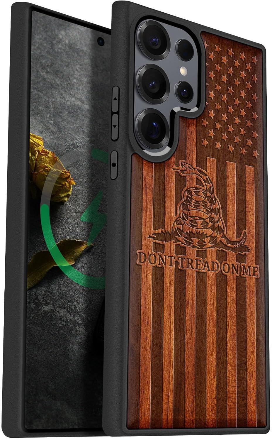 Carveit Magnetic Wooden Case for Samsung Galaxy S25 Ultra Case 2025, TPU Shockproof Cover & Wood Artisan Engraved, Compatible with MagSafe Wireless Chargers (Gadsden and American Flag) Rosy