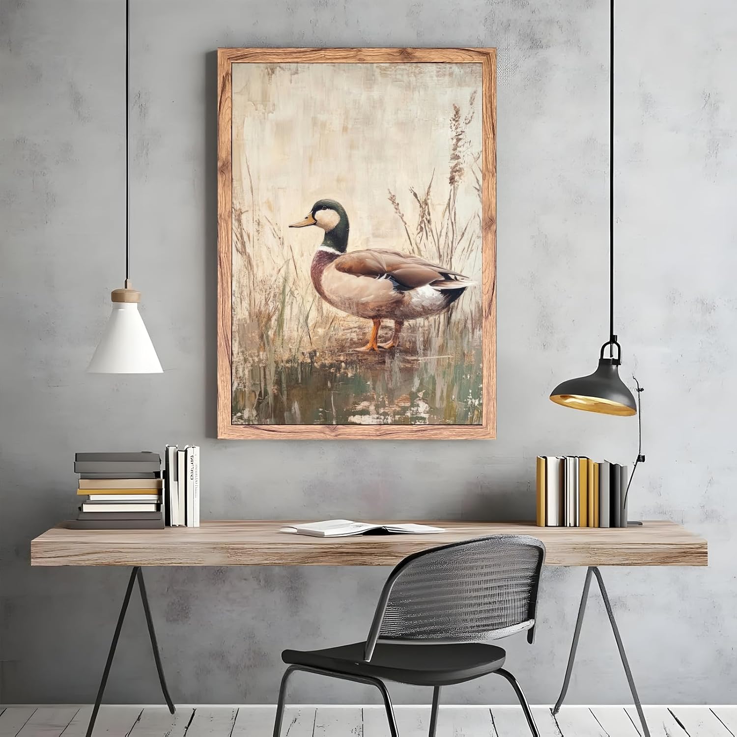 Licpach Large Framed Wall Art Cute Mallard Duck Poster Canvas Print Rustic Farmhouse Animals Goose Painting Countryside Pictures Wall Decor Aesthetic for Living Room Bedroom 24x36inch Wood Framed