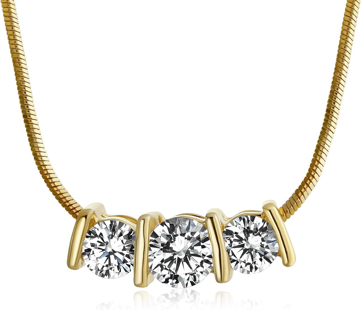 Bling Jewelry Bridal Classic Delicate Solitaire Cubic Zirconia AAA CZ 2CTW Three Stone Past Present Future Necklace Choker Collar For Women Teens Prom 14K Gold or Silver Plated Brass