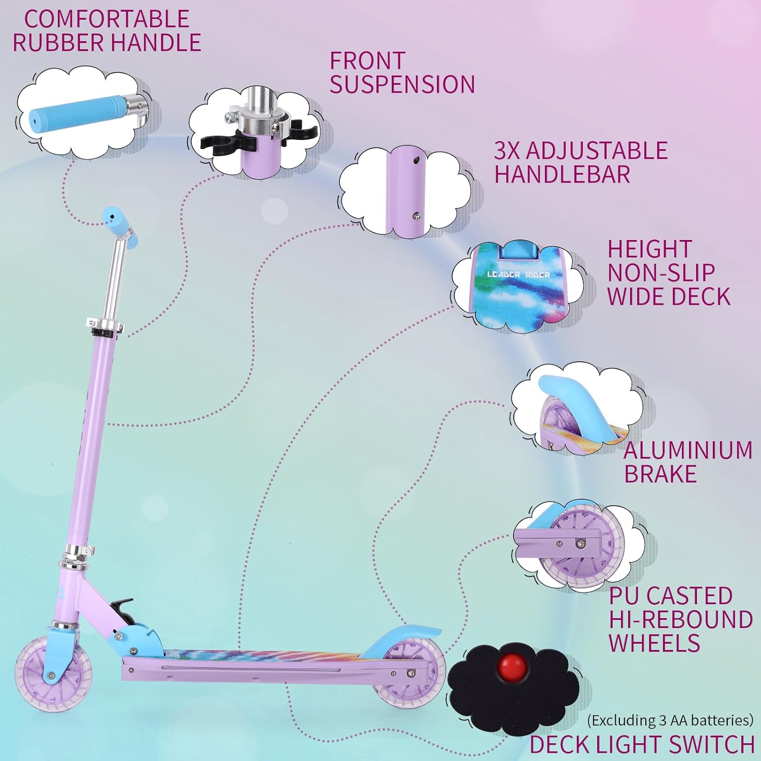 Scooters for Kids with Light-Up Wheels, Stem and Deck, Lightweight Foldable, 3 Adjustable Height Scooters for Kids 8-12