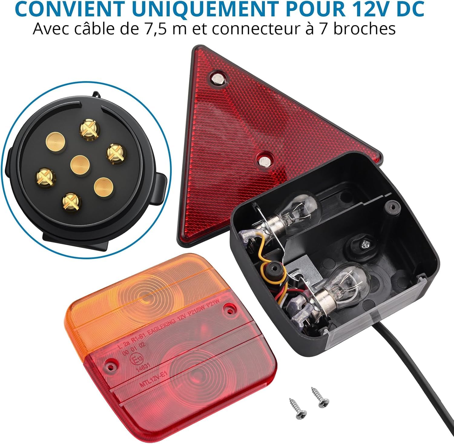 AUTOUTLET Feux arrière de remorque avec catadioptre, 12 V, kit de feux arrière universels pour remorque, fiche 7 broches, câble de 7,5 m et certifié E11, étanche IP65, éclairage arrière de voiture