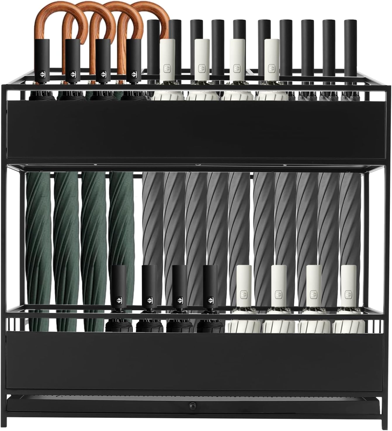 Commercial Metal Umbrella Stand Rack – Heavy Duty Free Standing Organizer with Removable Drip Tray, Entrance Umbrella Organizer for Entryway Home Office Hotel, 26.8x12.6x27.6in (Black)